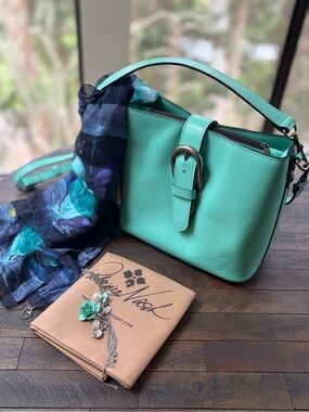 PN Turquoise Teal Leather Crossbody Bag with Charm/Necklace and silk scarf